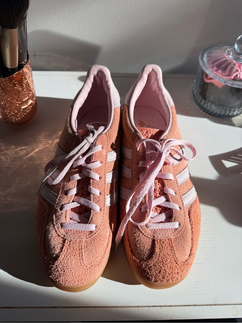 adidas Women’s Gazelle Suede Sneakers in Peach Pink with White Stripes
